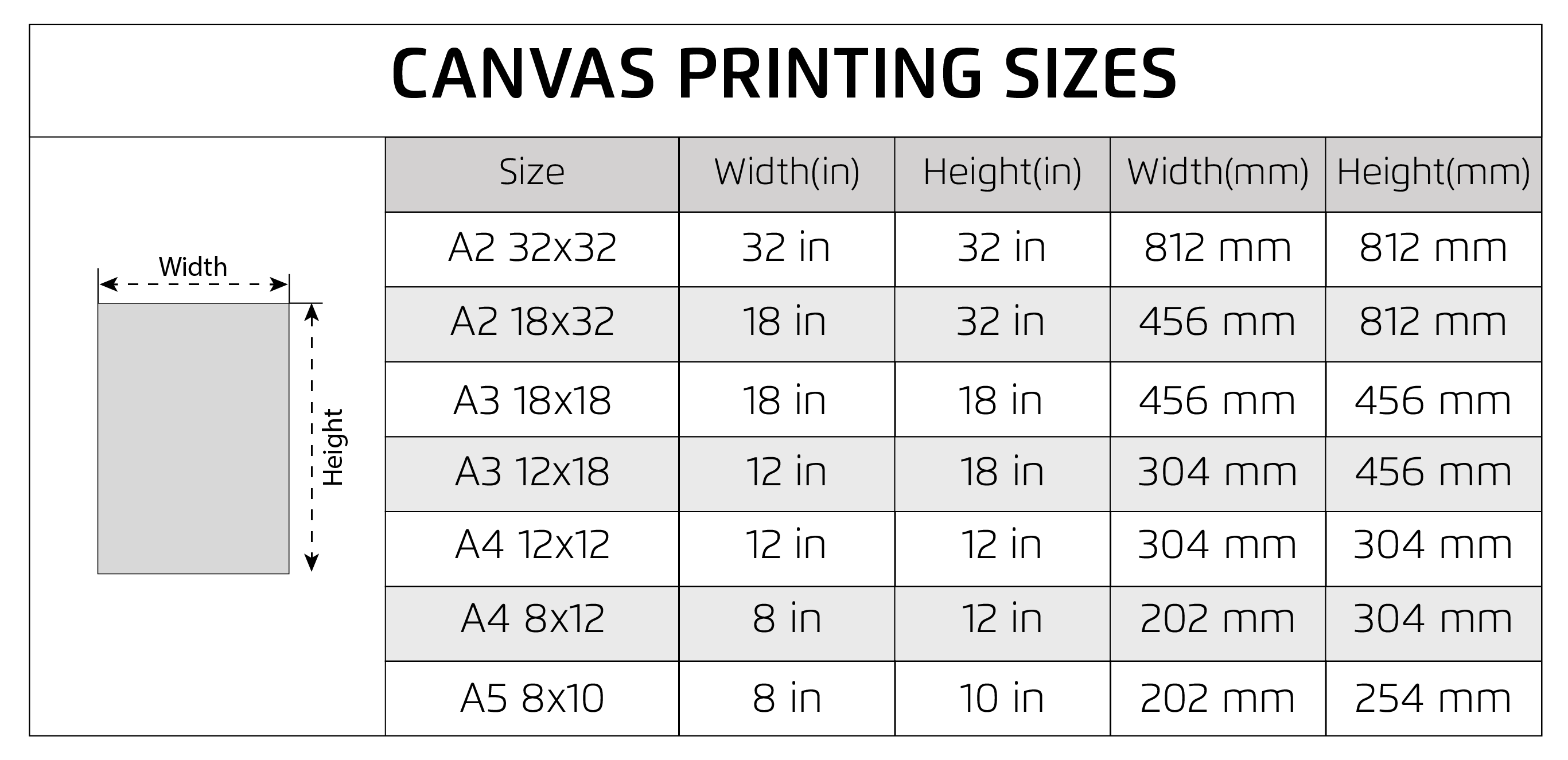 Product size chart